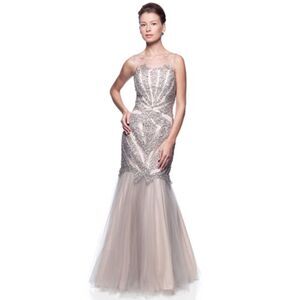 Terani Couture Dress Size 2 Silver Nude Long Trumpet Rhinestones Prom Homecoming